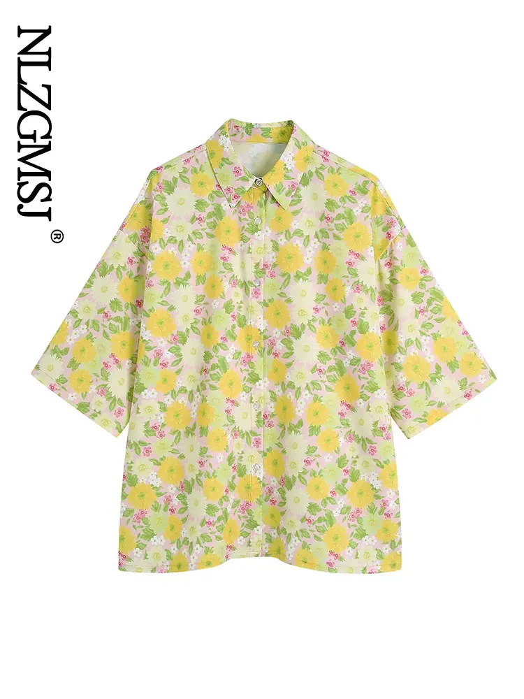 

Nlzgmsj Za Women 2022 Fashion Floral Print Loose Spring Summer Blouse Vintage Short Sleeve Button-up Female Shirts Chic Tops