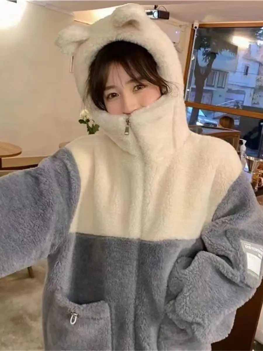 Winter Cute Bear Ear Hoodie Sweatshirt Spring Korean Anime Women Kawaii Loose Long Sleeve Tops Hip Hop Oversized Patchwork Coats
