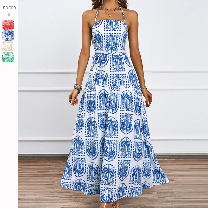 Женское летнее пляжное платье с принтом воротником-стойкой