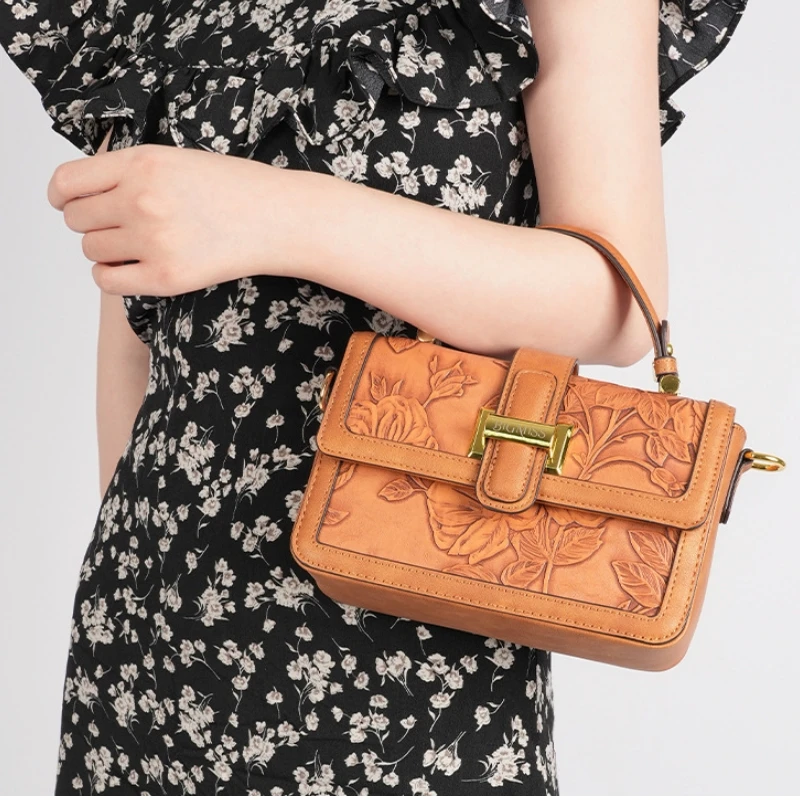 

Square Crossbody Bag New High-quality PU Leather Handbag Women's Trend Designer Messenger Bag Vintage Shoulder Bags Floral Purse