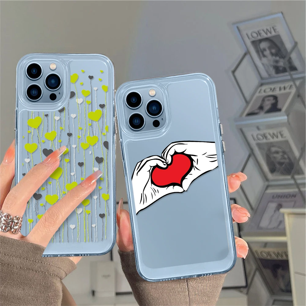 

Clear Love Heart Case for iPhone 14 13 12 11 Pro Max Mini XS XR X Transparent Capa Shell Phone Cover for iPhone14promax Fundas