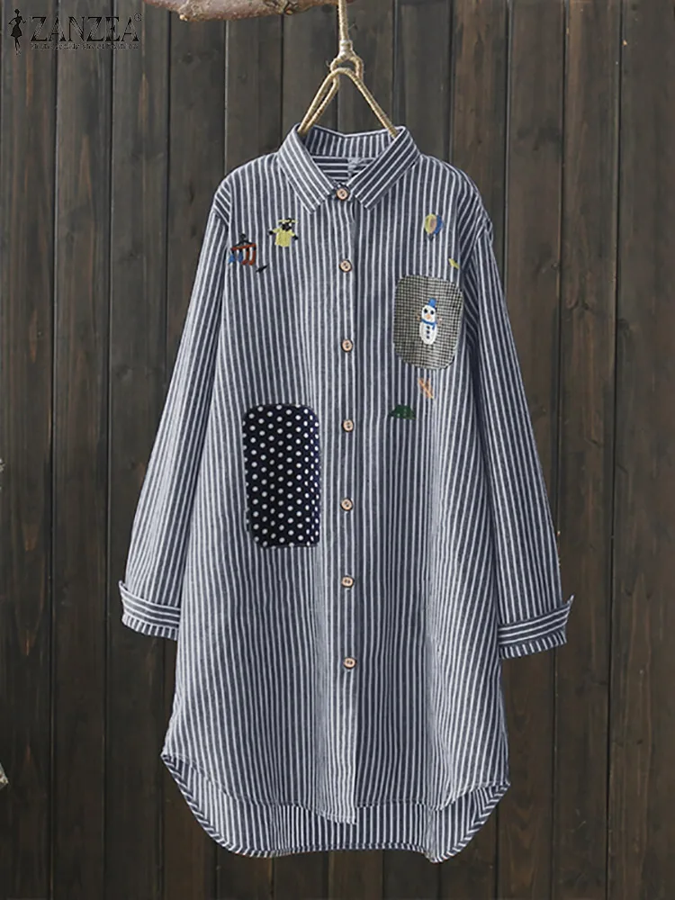 

Oversize Tunic Tops Casual Loose Striped Blusas ZANZEA Women Vintage Long Sleeve Shirt Spring Lapel Neck Buttons Down Blouse