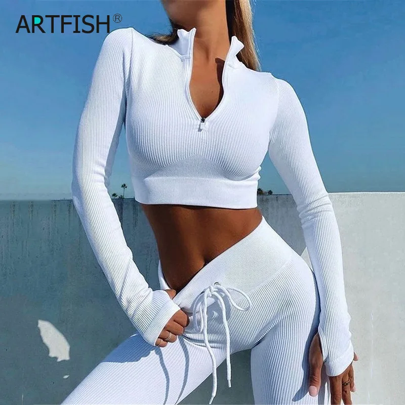 

Sport Ribbed Athletic Fitness Outfits Women Two Piece Set Long Sleeve Zip Crop Top Legging Pants Female Lace Up Tracksuit G2526