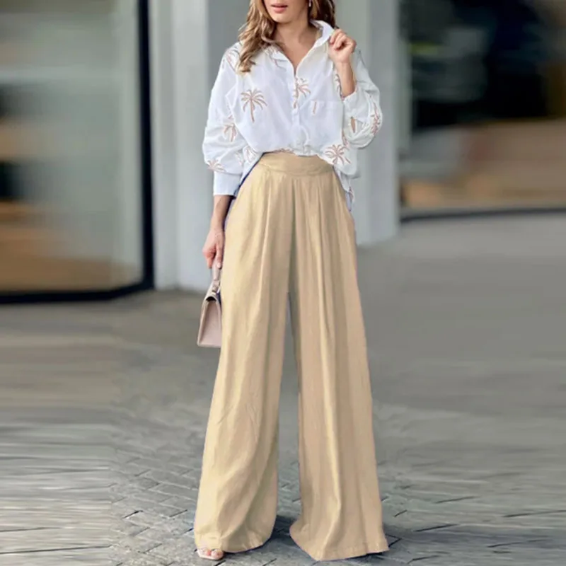 

Elegant Ladies Temperament Outfit 2023 New Lapel Printed Shirt And Wide Leg Pants Suit Women's Autumn Loose Office Two Piece Set