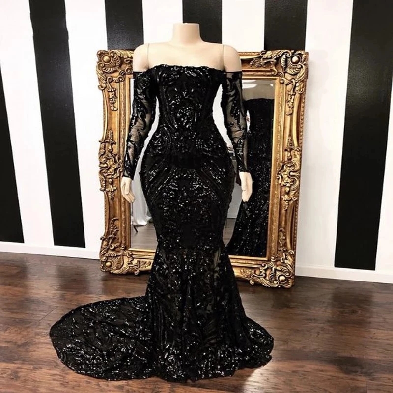 

2023 Vinca Sunny Black Sparkle Sequined Lace Mermaid Prom Dresses Long Sleeve Off Shoulder Formal Evening Gowns Plus Size Robe