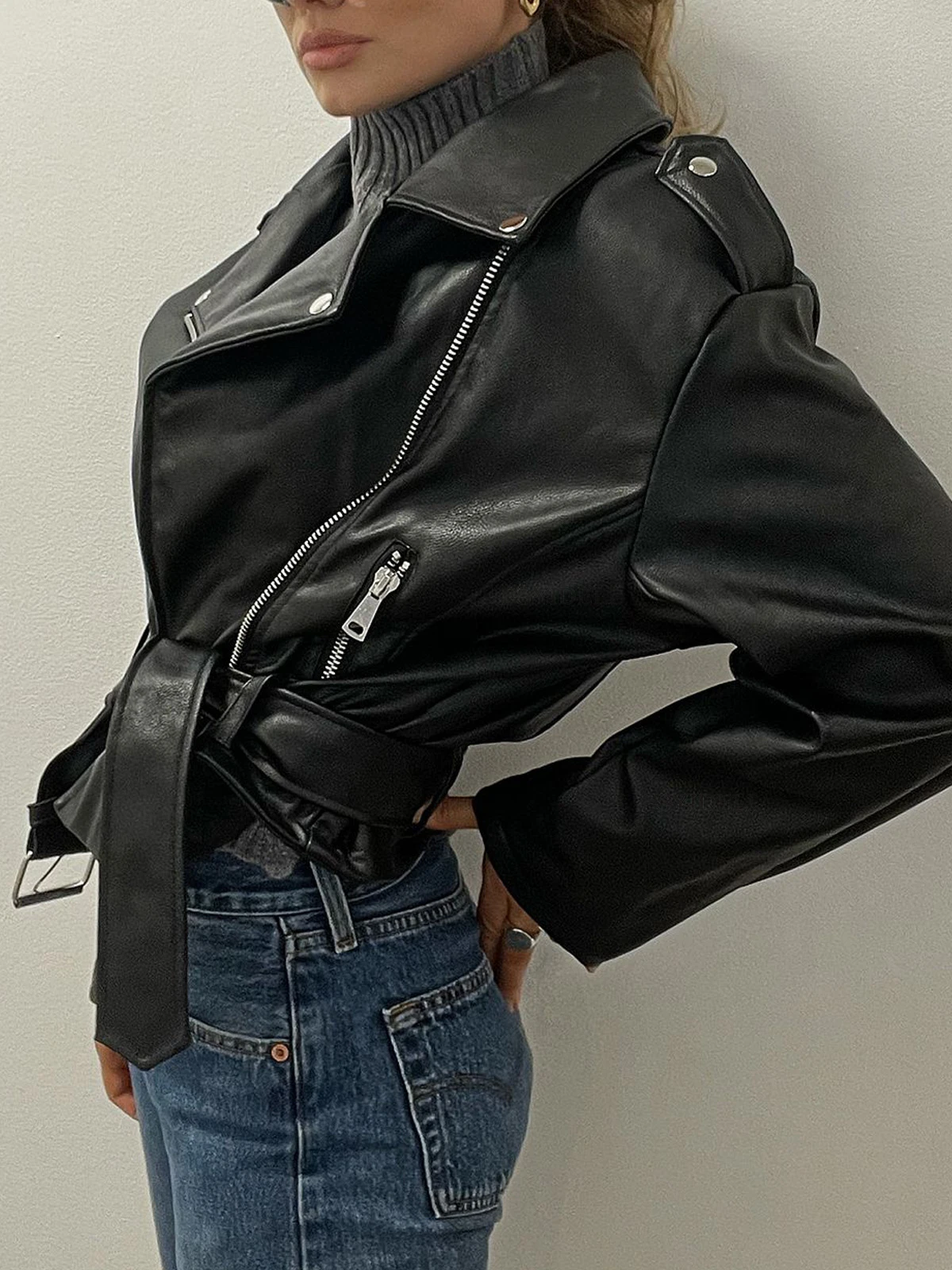 Autumn Winter Fashion Long Sleeve Zip-up Black PU Leather Jackets Women's Turn-down Collar Short Motorcycle Coats Streetwear