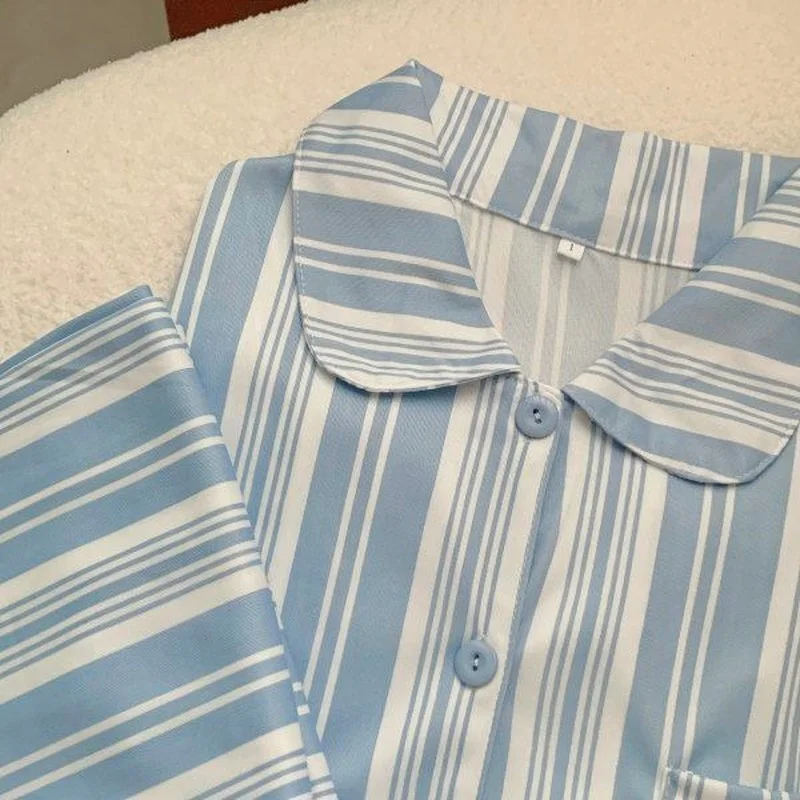 QWEEK Women Loungewear Two Piece Set Summer Autumn Pajamas Blue and White Stripes Pijamas Simple Style Cute Pyjamas Sleepwear