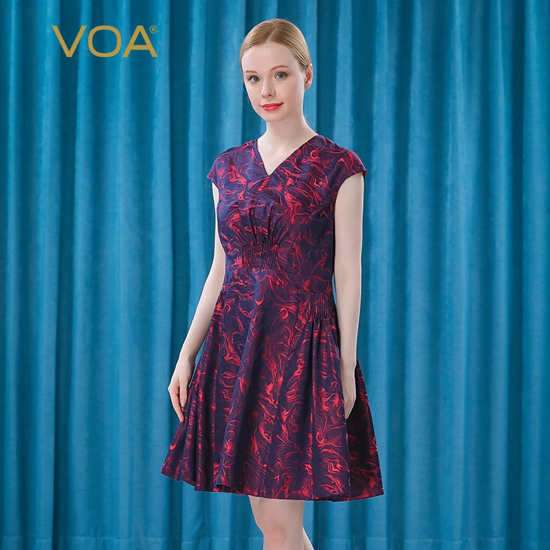 

VOA 23m/m Silk Jacquard V-Neck A-Line Dresses Women Rotator Cuff Non-localized Red Dyed Pleated Large Pendulum Dress AE536