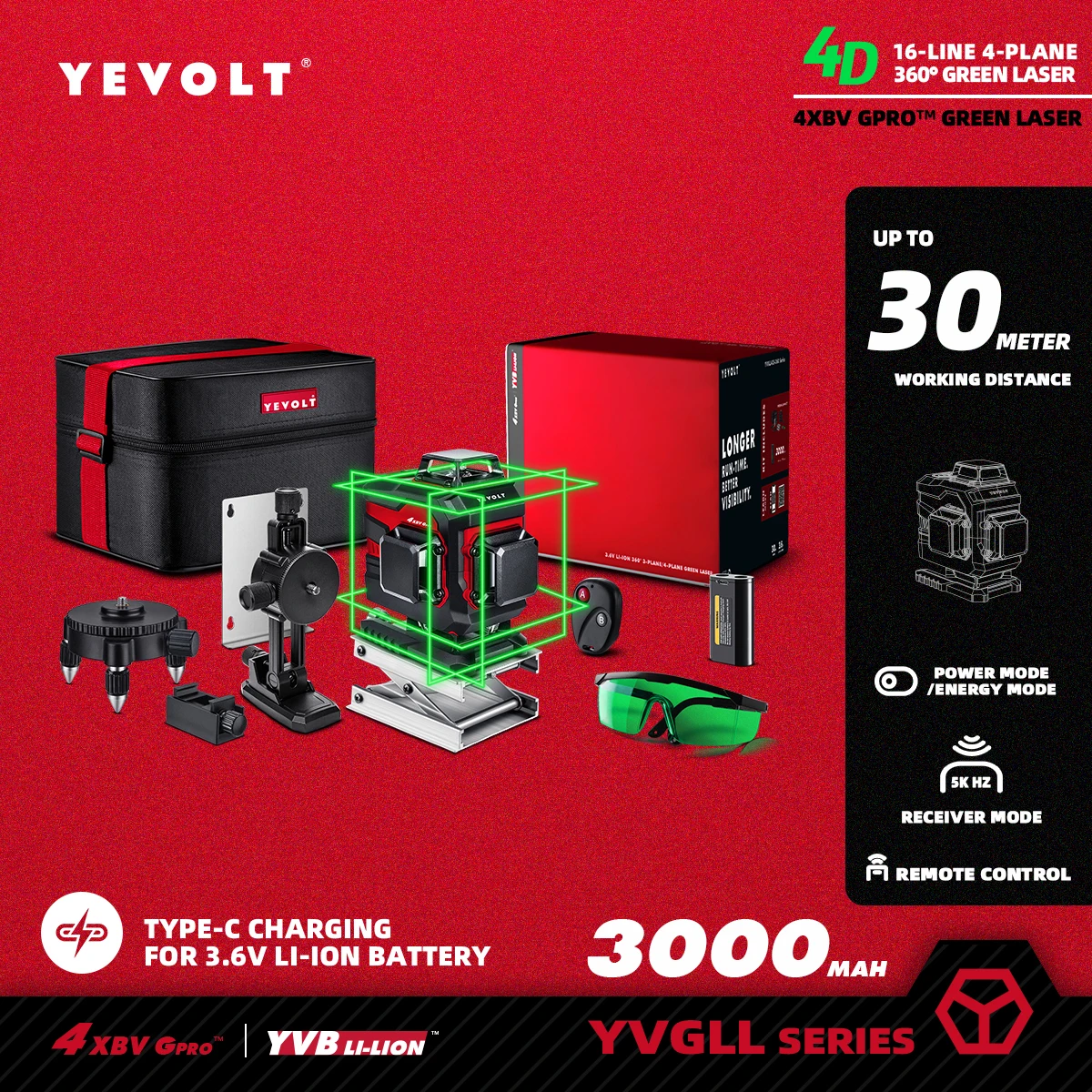 

YEVOLT YVGLL4XS-Series Зеленый лазерный уровень 3/4-плоскостный 12/16-линейный самовыравнивающийся 360 3D/4D Инструмент для измерения горизонтальной и вертикальной линии