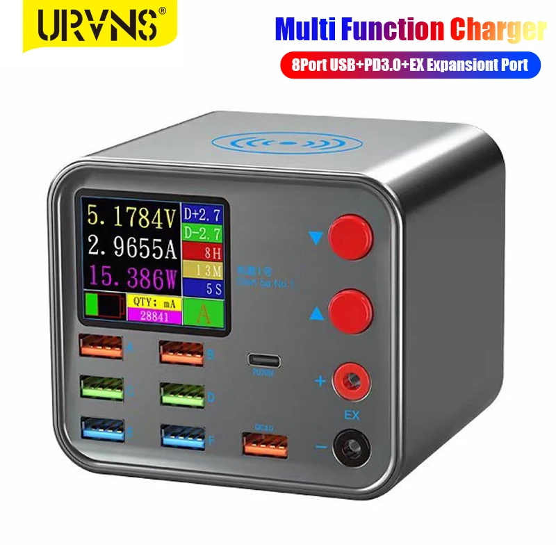 

URVNS 120W Multi Function Charger Station with 1.8-inch LED Screen 8port USB QC3.0 USB-C PD 20W and 10W Wireless Fast Charging