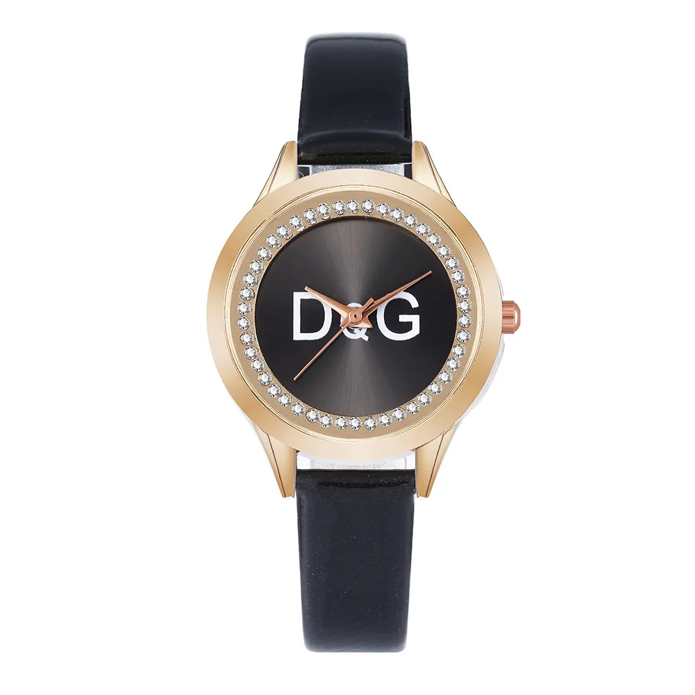 

New Casual TOP DQG Brand Ladies Watch High Quality Black Leather Thin Strap Diamond Alphabet Dial Quartz Wrist Watches For Women