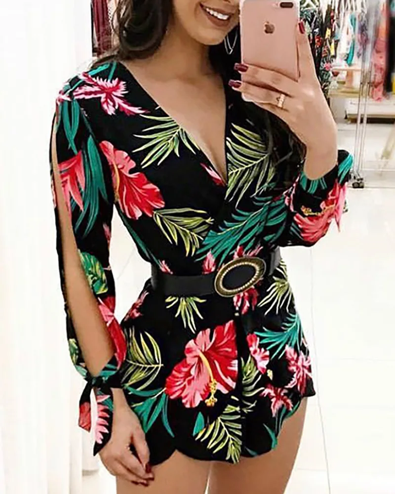 

Women's Playsuits Spring 2022 New Long Sleeve Sexy Short Jumpsuits Deep V Neck One-piece Shorts