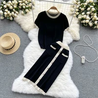 summer korean fashion casual knitted 2 two piece set women striped loose pullover sweater tops button skirts suits knitwear set