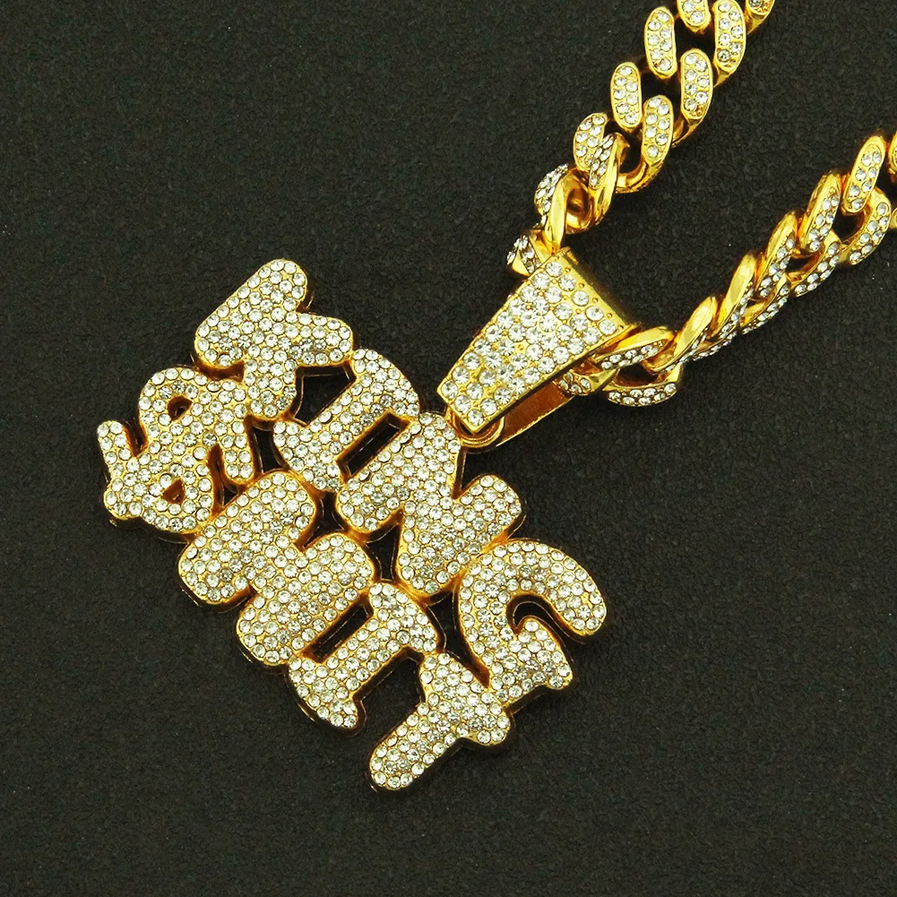 

Hip Hop Iced Out Cuban Chain Bling Diamond Letter KING Rhinestone Pendants Mens Necklaces Gold Chain Charm Gold Jewelry for Men