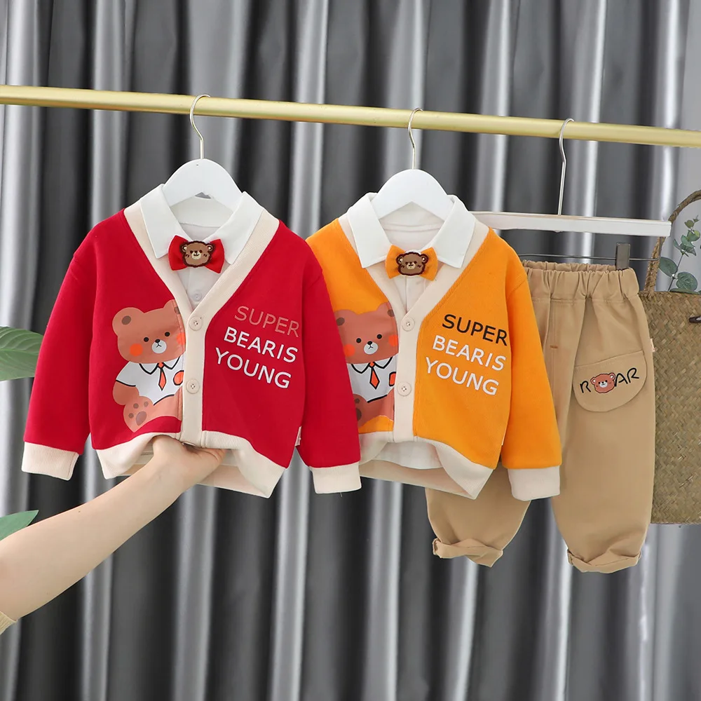 

Infant Baby boy clothes 0-4Y cartoon 3pcs Boutique outfits bear printe cardigan coat shirts pants Toddler children kids clothing