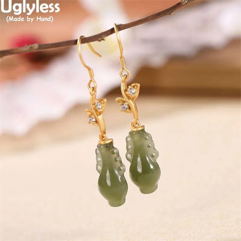 

Uglyless Vibrant Vase Dangle Earrings for Women Vintage Bottles Natural Jade Earrings Real 925 Silver Antique Dress Jewelry Gold