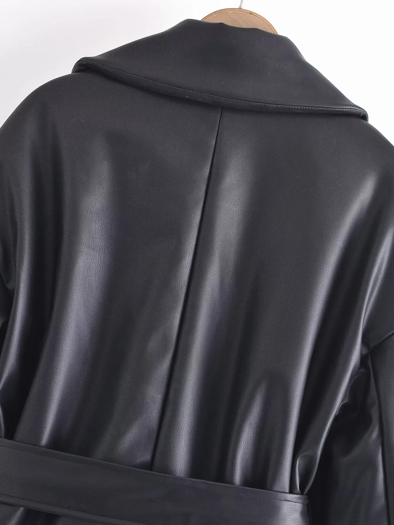 SLTNX Winter 2022 Women Leather PU Jacket Coats Black Long Sleeve with Pockets Lace Up Jackets Ladies Casual Warm Heavy Coats