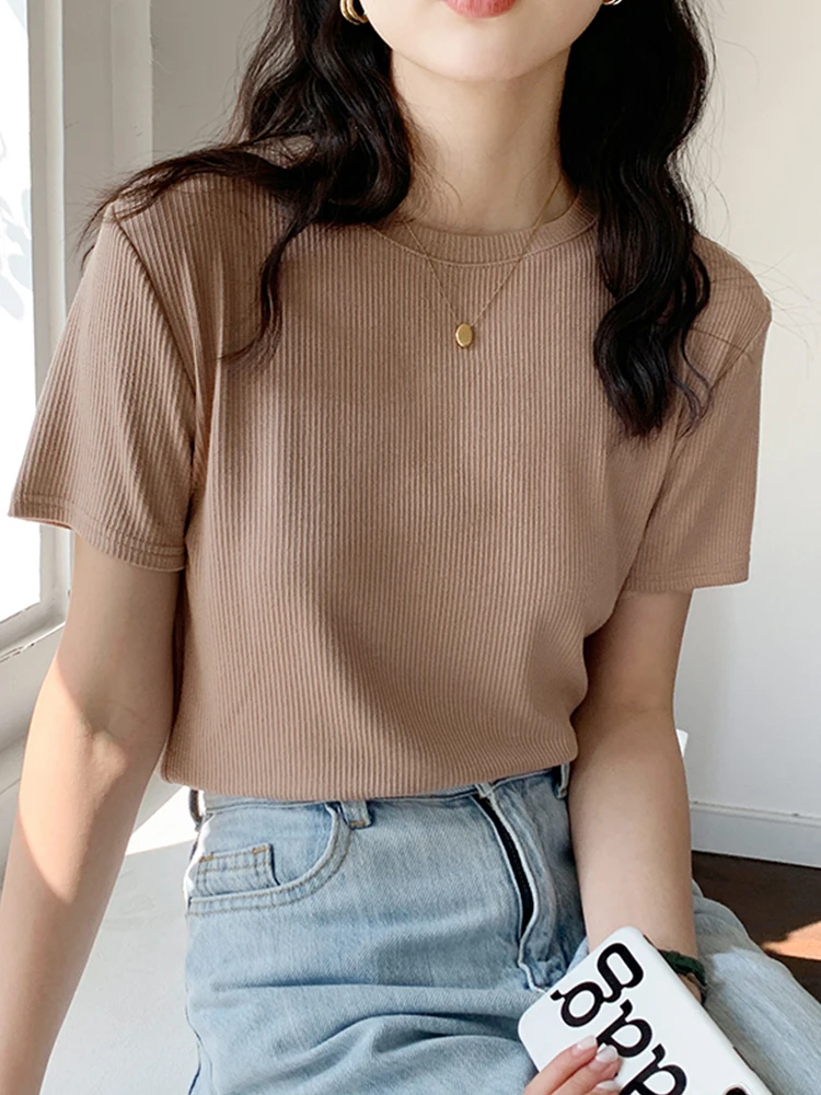 

5 Color Basic Threaded Knitting Woman T-Shirts 2022 Summer New Loose Solid Tees Casual Loose Tshirt Korean O Neck Female Tops