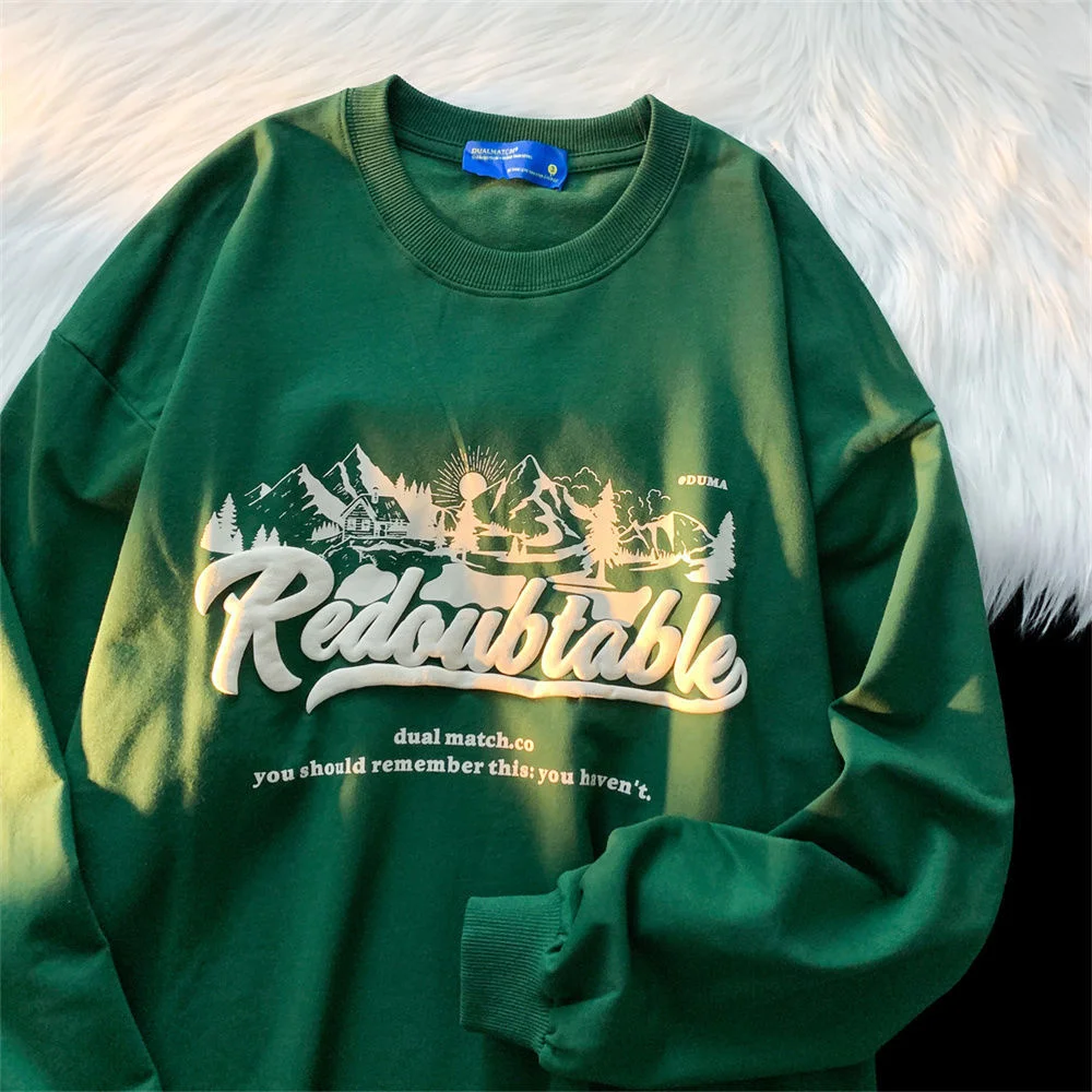 

American retro men and women mountain sunset long sleeved capless round neck autumn ins trend loose sweater couple jacket top