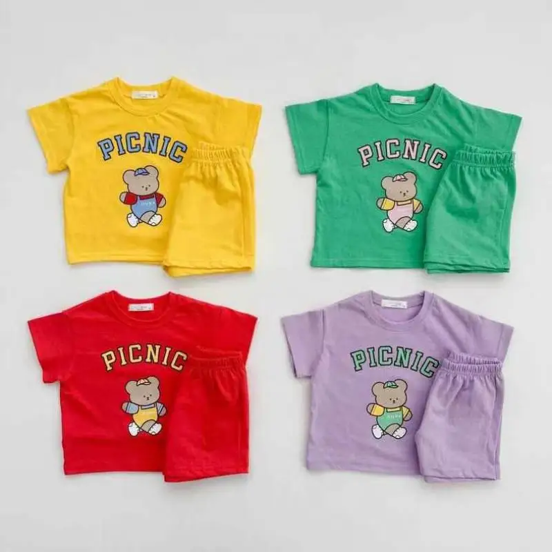 

2023 Summer New Baby Cute Bear Print Short Sleeve Clothes Set Infant Cartoon T Shirts + Shorts 2pcs Suit Cotton Children Outfits