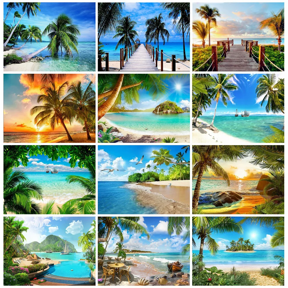 

Huacan 5d Diamond Painting Square Sea Landscape Living Room Wall Decoration Mosaic Coconut Tree Scenery Diamond Art