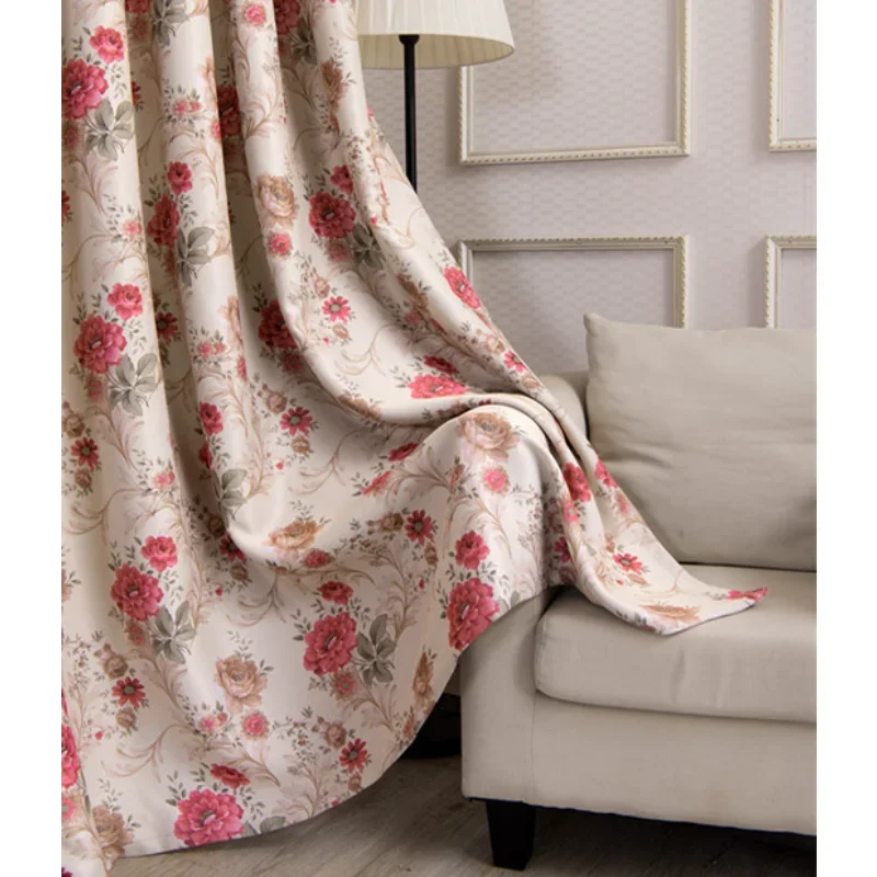 

New Chinese Style Rural Peony Printed Curtains Minimalist Blackout Silk Curtains for Living Room Window Screens Printing Tulle