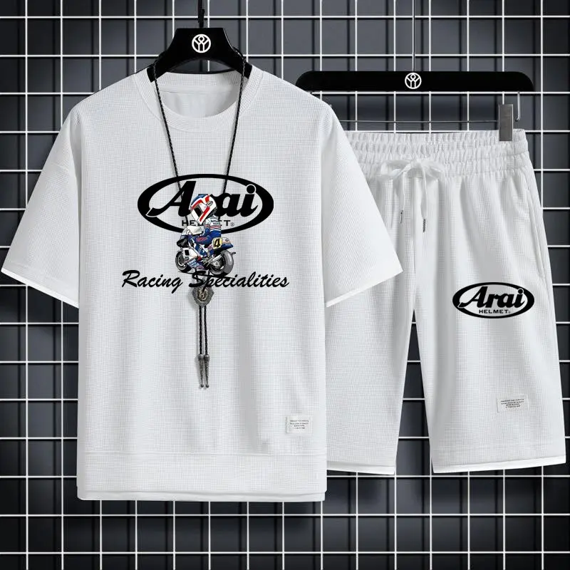 

Arai simple waffle suit for men and women summer thin pine urban design niche T-shirt + shorts casual sportswear patch design 2