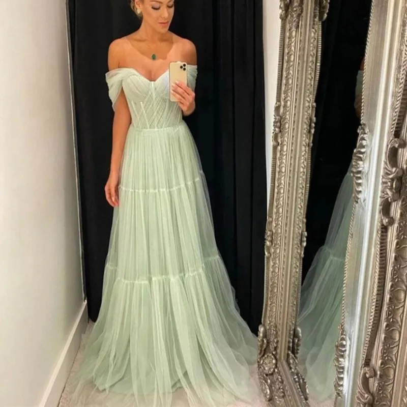 

2023 Simple Sweetheart Tiered Pleats Zipper Tulle Floor-Length A-Line Prom Gown Evening Dress Vestidos De Noche