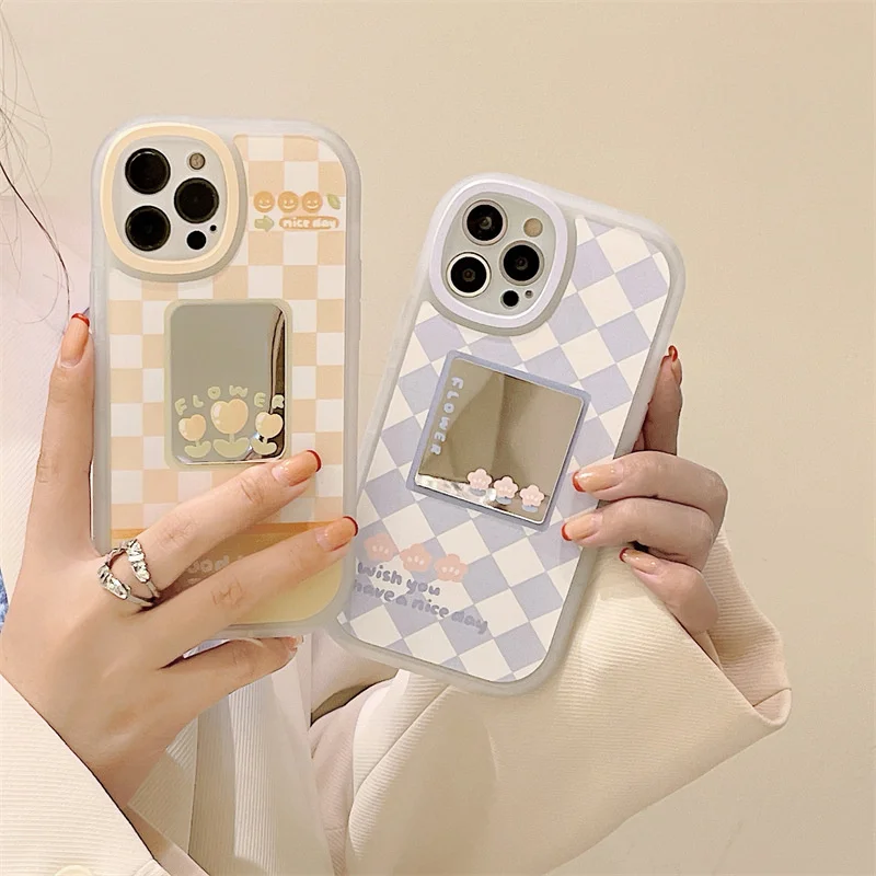 

Sweet Fashion Personality Checkered Mirror Makeup Cartoon Flowers Letter Shell For iphone 11 12 13 Pro Max XR Xs Max Phone Case