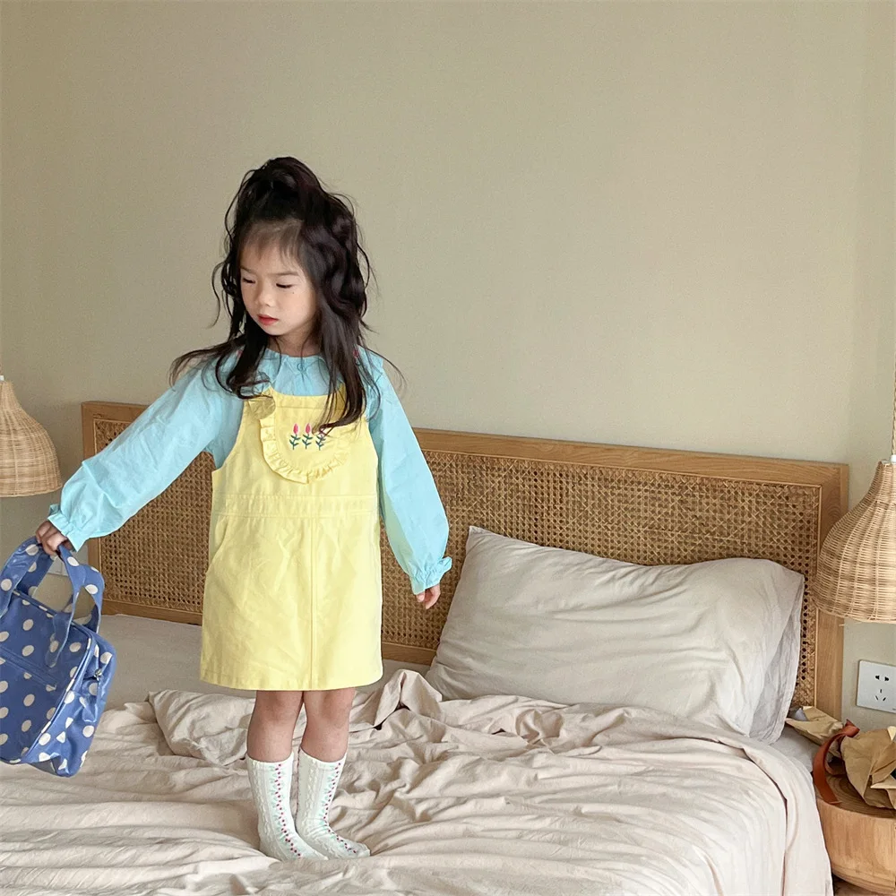 

Детский комплект для девочек, однотонная блузка с длинным рукавом и цветочные комбинезоны, костюмы для новорожденных, детская одежда