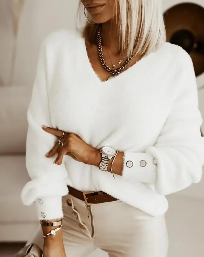 

Женский Пушистый свитер с V-образным вырезом и длинным рукавом