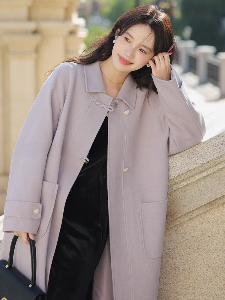 Шерстяное пальто с пряжкой и лацканами Sleepy Bunny Sweet Heart женское осенне-зимнее