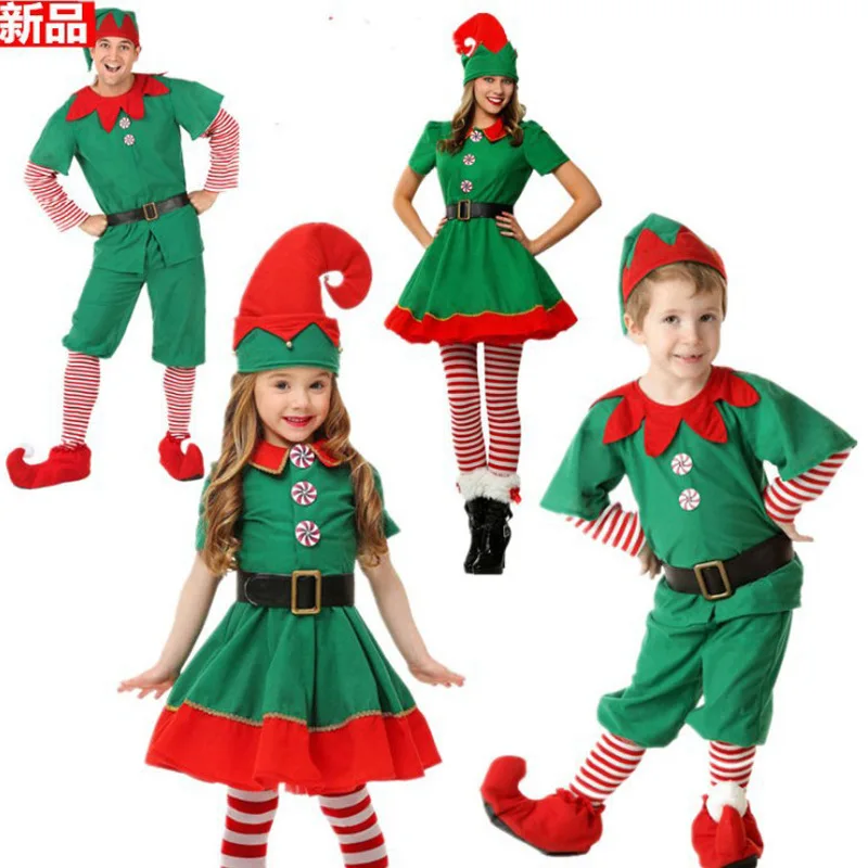 

1set/lot Halloween Costume Adults Kid Green Christmas Elf Clothing Cosplay Parent-Child elf cosplay costumes