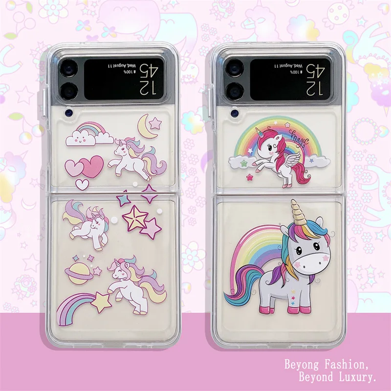 

Lovely Transparent Rainbow Unicorn Phone Case for Samsung Galaxy Z Flip 3 Z Flip 4 Hard PC Back Cover for ZFlip3 ZFlip4 Shell