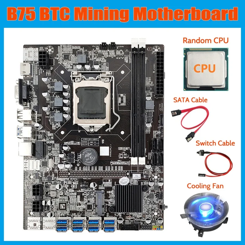 HOT-B75 BTC Mining Motherboard+CPU+Cooling Fan+SATA Cable+Switch Cable LGA1155 8XPCIE USB Adapter DDR3 MSATA Motherboard