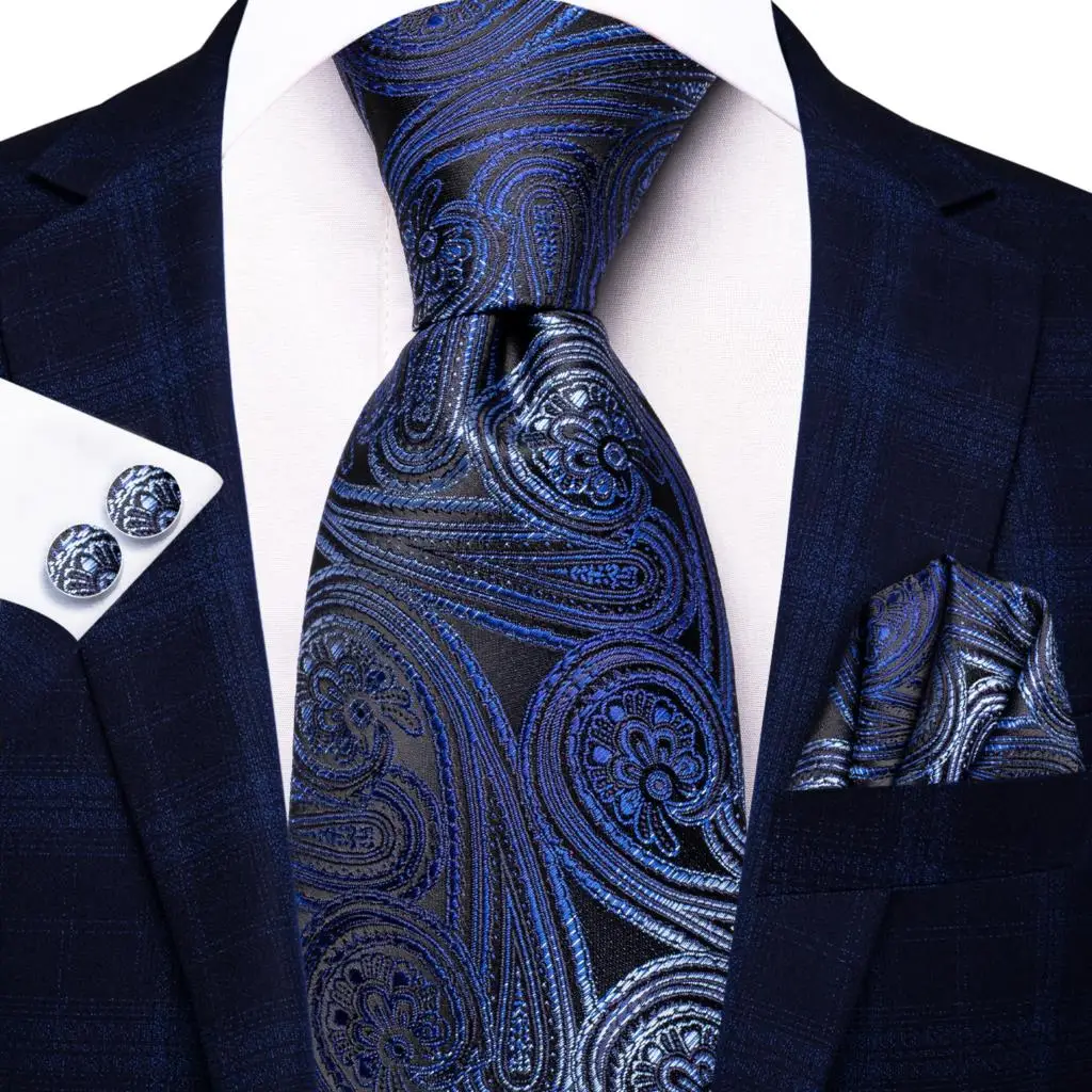 

2023 New Tie for Men Navy Blue Paisley Fashion Brand Wedding Party Necktie Set Handky Cufflinks Gift Wholesale Hi-Tie Designer