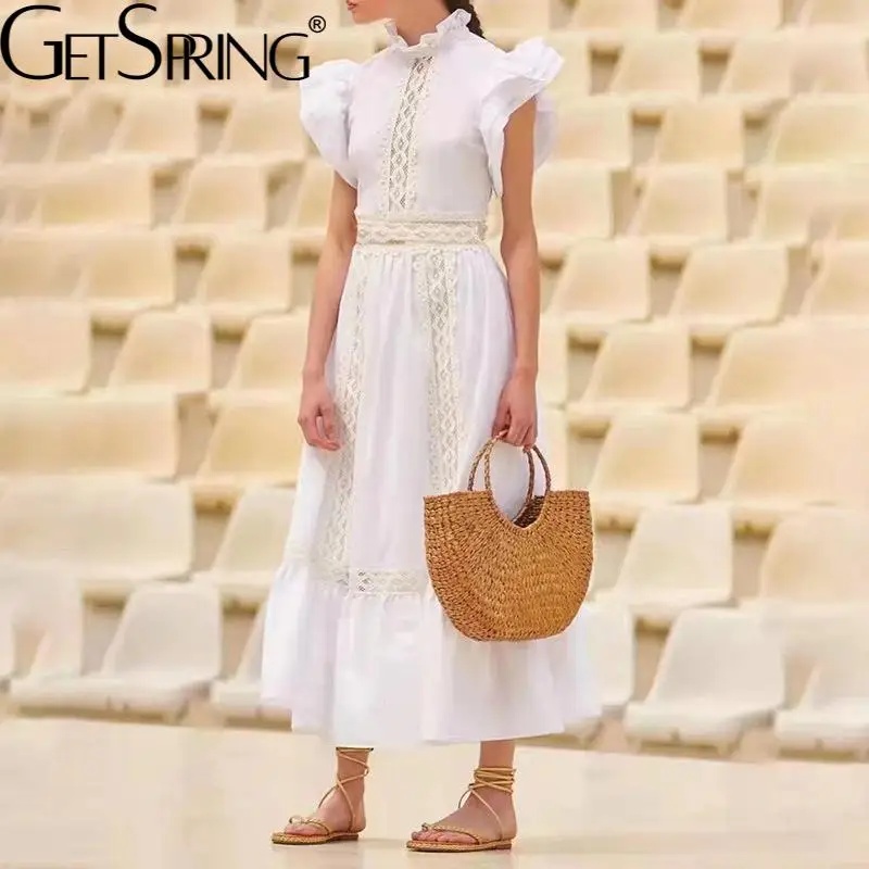 

Getspring Women Dress Vintage Flying Sleeve Hollow Out Lace Stitched Ruffles Party Dresses 2022 Spring Summer Wholesale Dropship