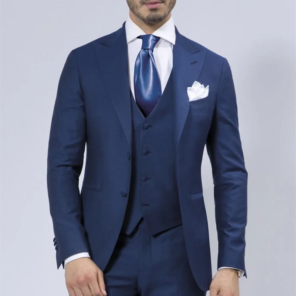 

2022 Custom Made Blue Mens Suits For Wedding Groom Prom Masculino Trajes De Hombre Blazer For Man 3Pieces(Jacket+Pant+Vest)