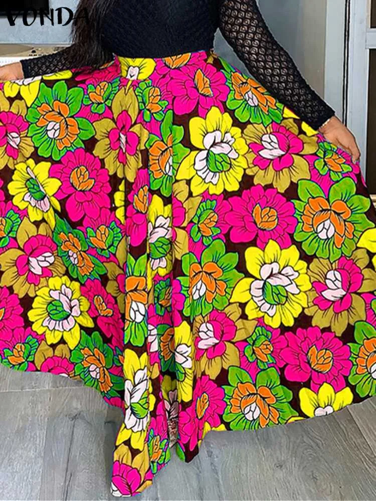 

VONDA Elegant Women Bohemian Skirts Pleated Party Long A Line Maxi Skirt Female Party Printed Polyester Office Long Jupe Femme