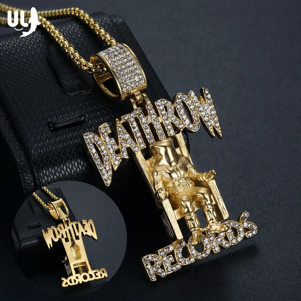 ULJ Stainless Steel DEATHROW/RECORDS Prisoner Necklace Pendant Men Iced Out  With 7mm Cuban Chain Hip-hop Male Bling Jewelry