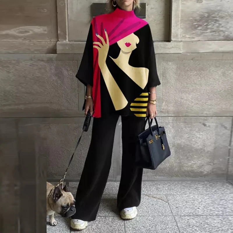 

Casual High Neck 3/4 Sleeve Pullover & Wide Leg Pant Outfits Women Elegant Pattern Print Suit Fall Winter Fashion Loose 2Pc Set