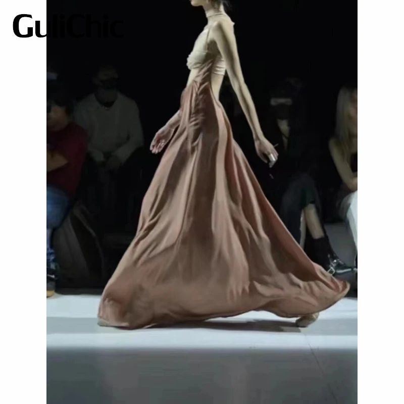 

7.9 GuliChic Women Fashion Sexy Halter Neck Ruched Short Tank Top Or Temperament Drawstring Backless Suspender Long Dress