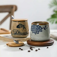 ceramic tumbler water glass cup tea cups hand painted japanese style flower spoon mug cover breakfast milk coffee shot glasses
