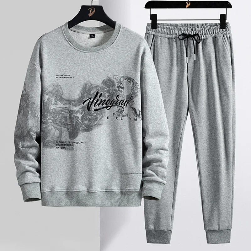 

Spring Autumn Black Grey Hoodie Tracksuit Men Streetwear Crewneck Sweatshirt+Pants 2 Piece Sets Male Cotton Jogging Sweat Suits