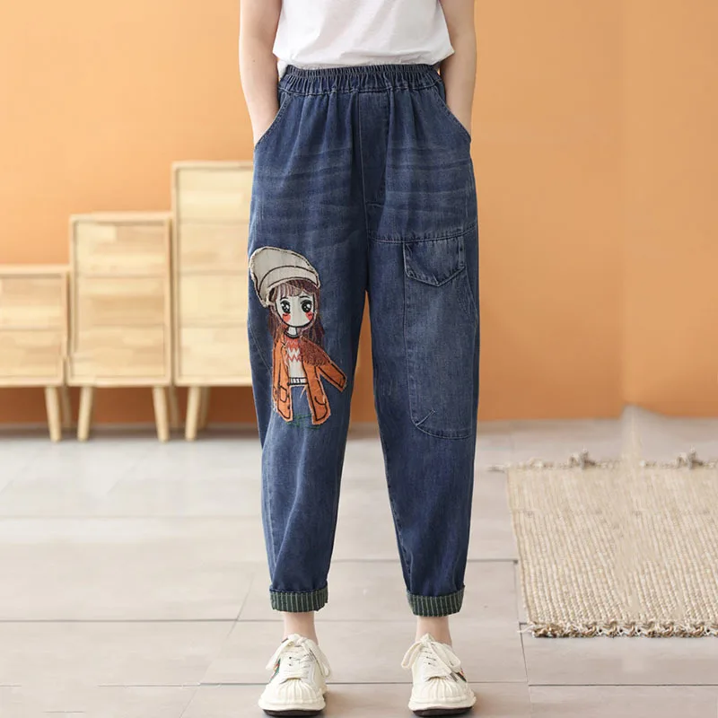 

SeeBeautiful Irregular Embroidry Loose Jeans Elastic Waist Pocket Denim Pants All Match Summer Autumn 2022 New Fashion Q341