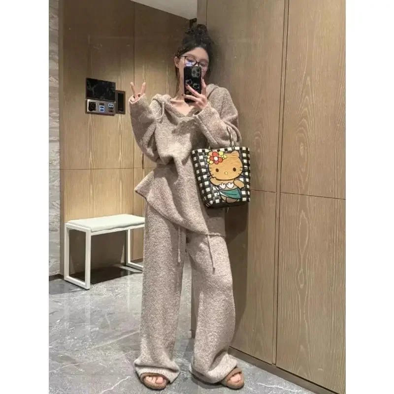 Ленивый стиль плюшевая свободная вязаная толстовка с капюшоном женские