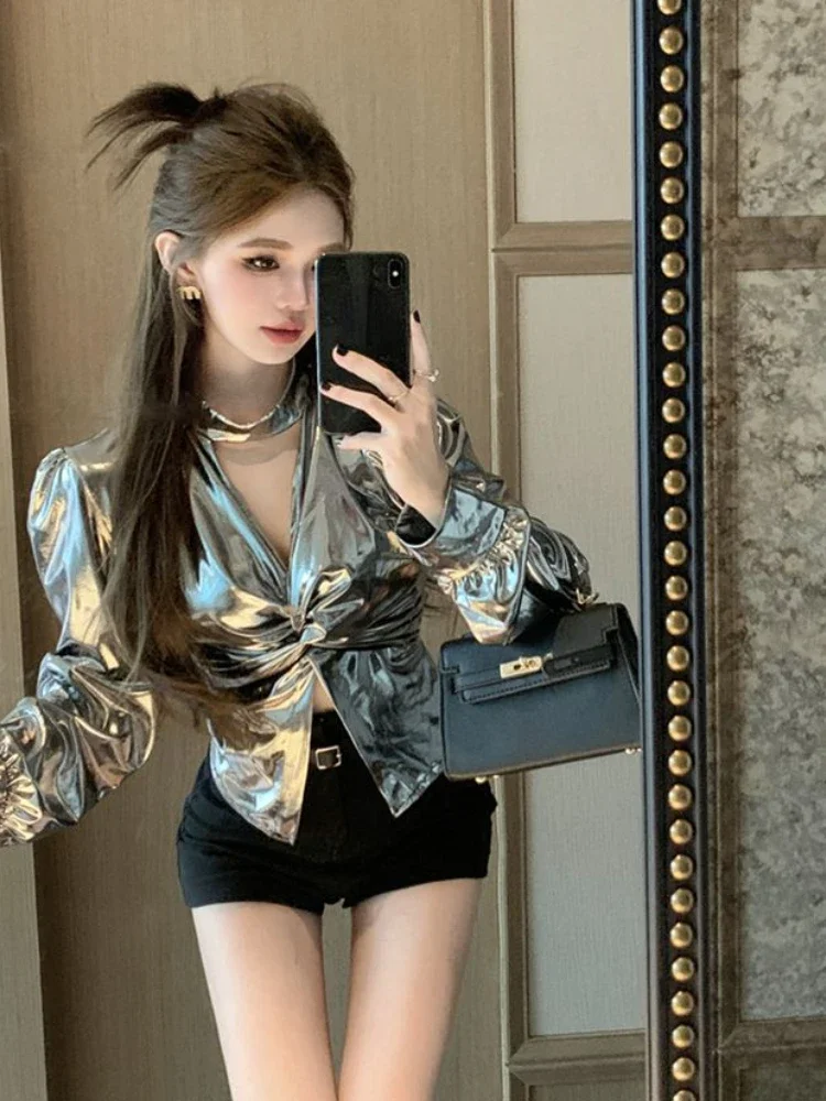 Осень 2024 Harajuku Серебряная винтажная футболка с лямкой на шее Сексуальные