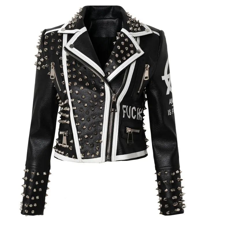 New jacket fashion personality women's rivet slim coat short leather jacket