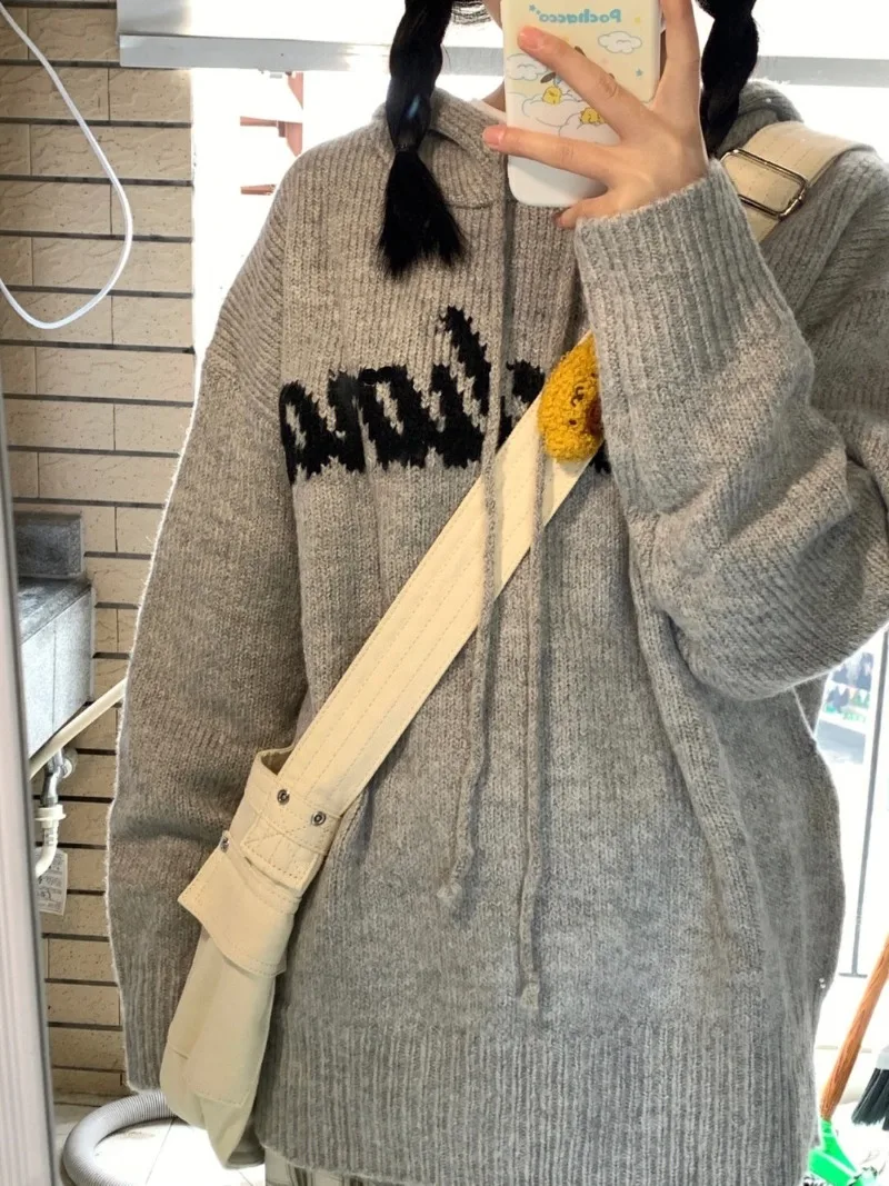 

Letter Embroidery Gray Knitted Women American Retro Hooded Sweaters Pullovers Lace-up Oversize Sueters Mujer Preppy Style Y2k
