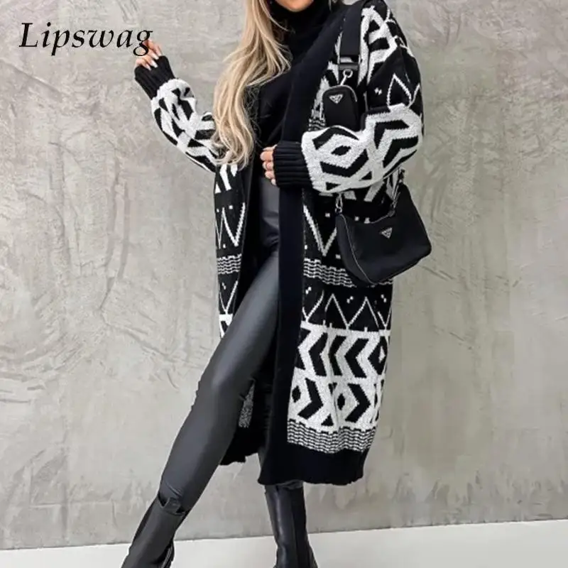 

Женский Длинный свитер с геометрическим узором, Свободный теплый кардиган с длинным рукавом, повседневный Универсальный вязаный кардиган ...